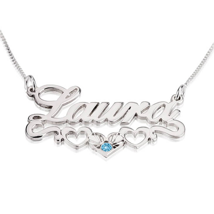 Custom Birthstone Name Necklace with Underline Hearts