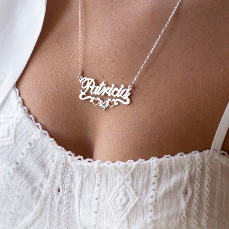 Custom Birthstone Name Necklace with Underline Hearts